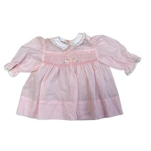 Polly Flinders Handsmocked Infant Dress Vintage 3-9M Pink Lace Floral Collar